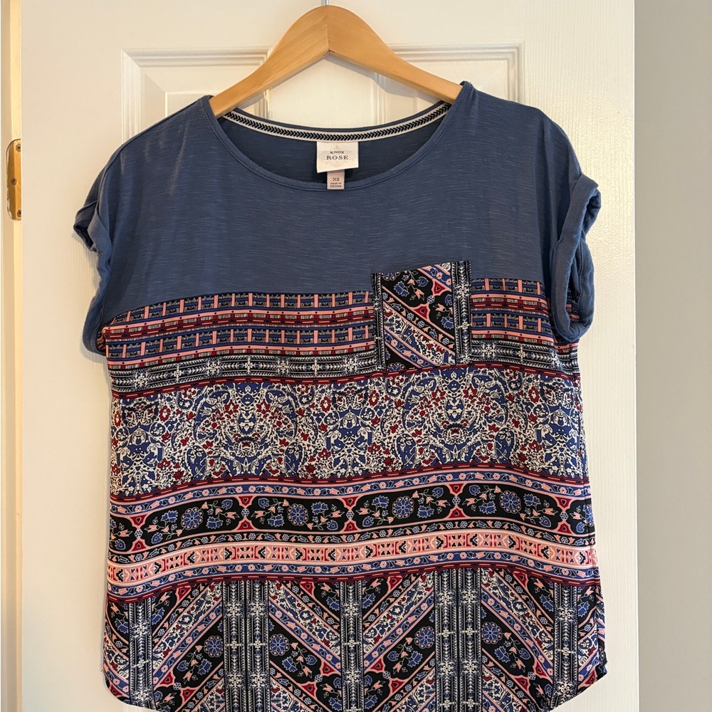 Knox Rose Blue Patterned Short Sleeve Top